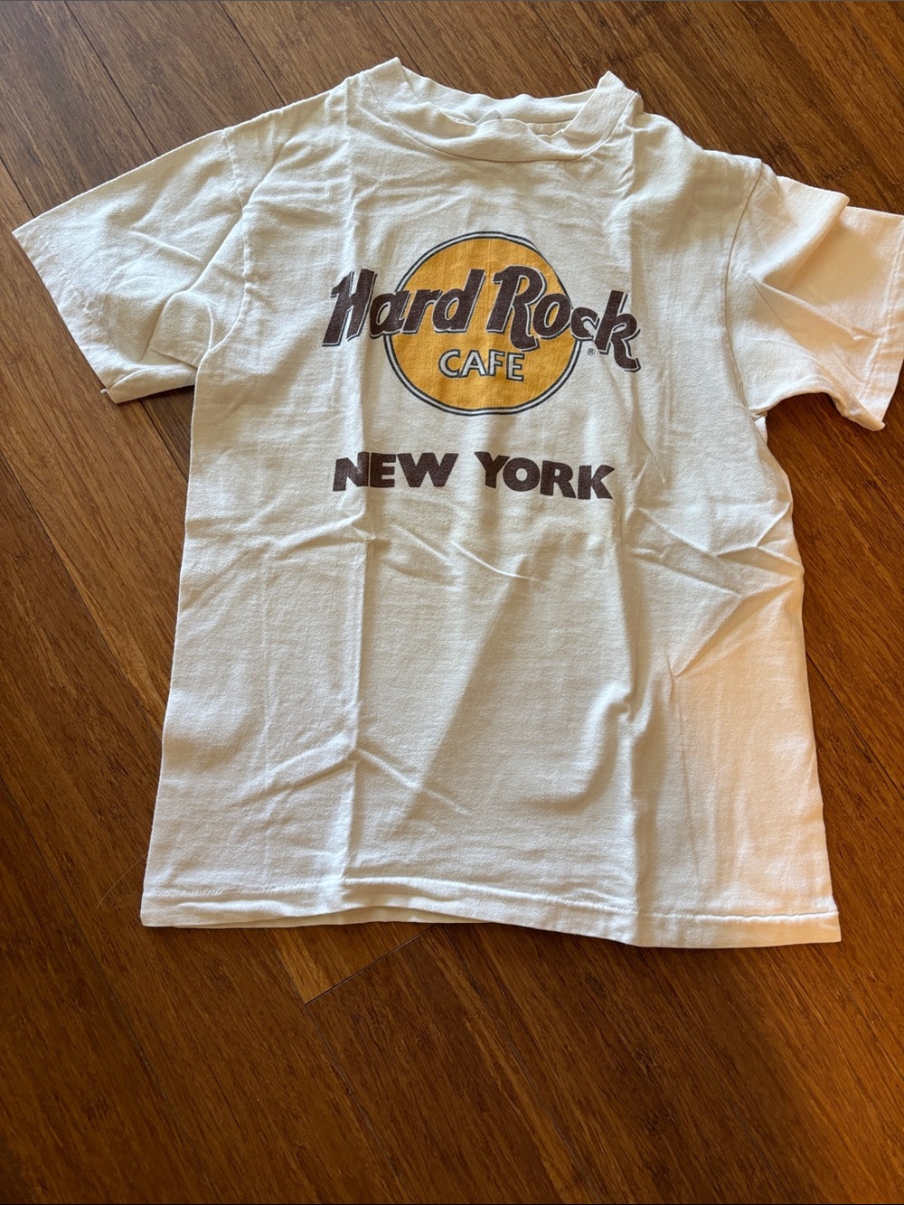 Hard Rock Cafe White Tee with Yellow Logo and Brown NEW YORK Print